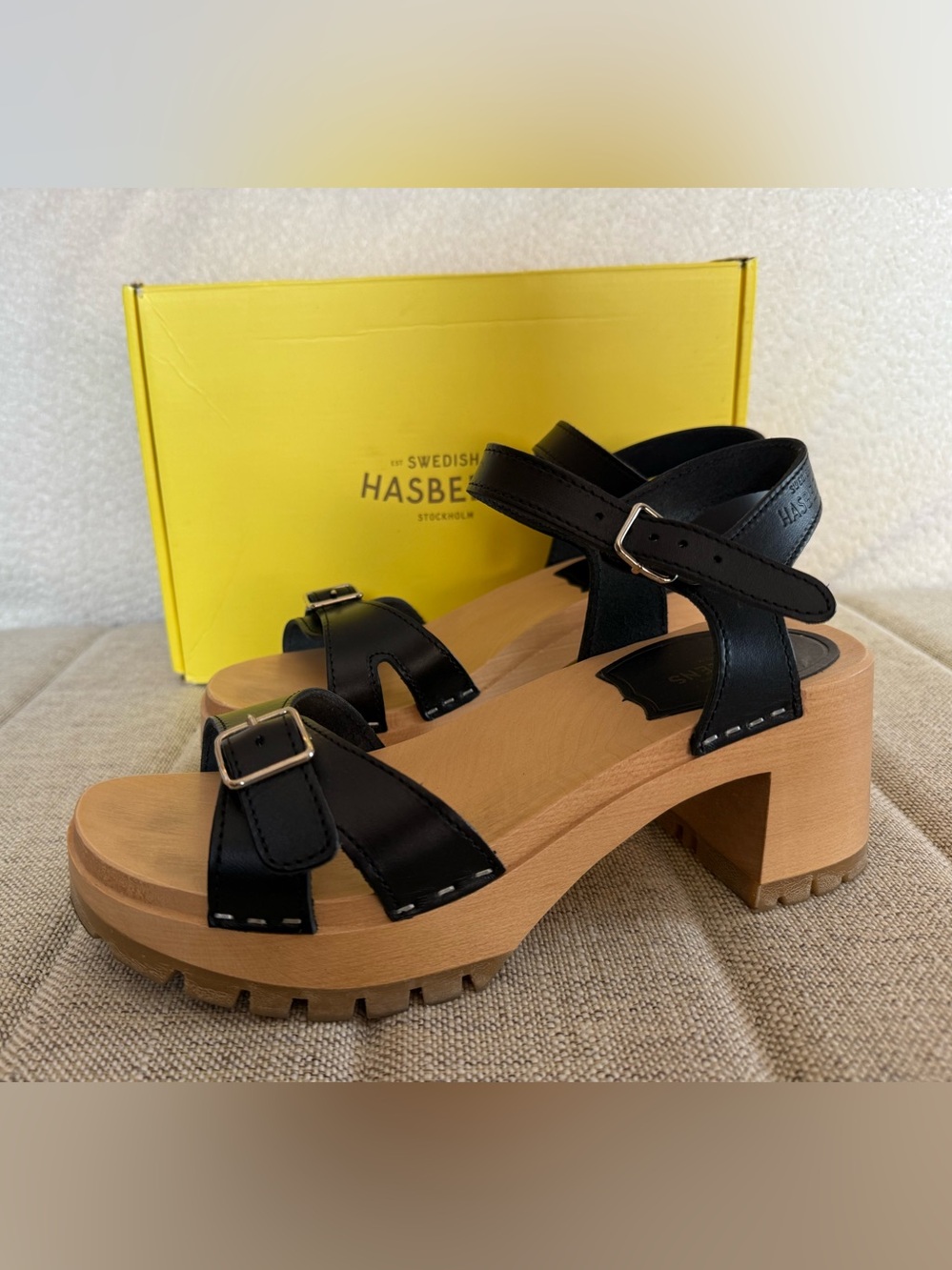 Swedish Hasbeens Black Leather Clog Sandals with Wood-Effect Platform